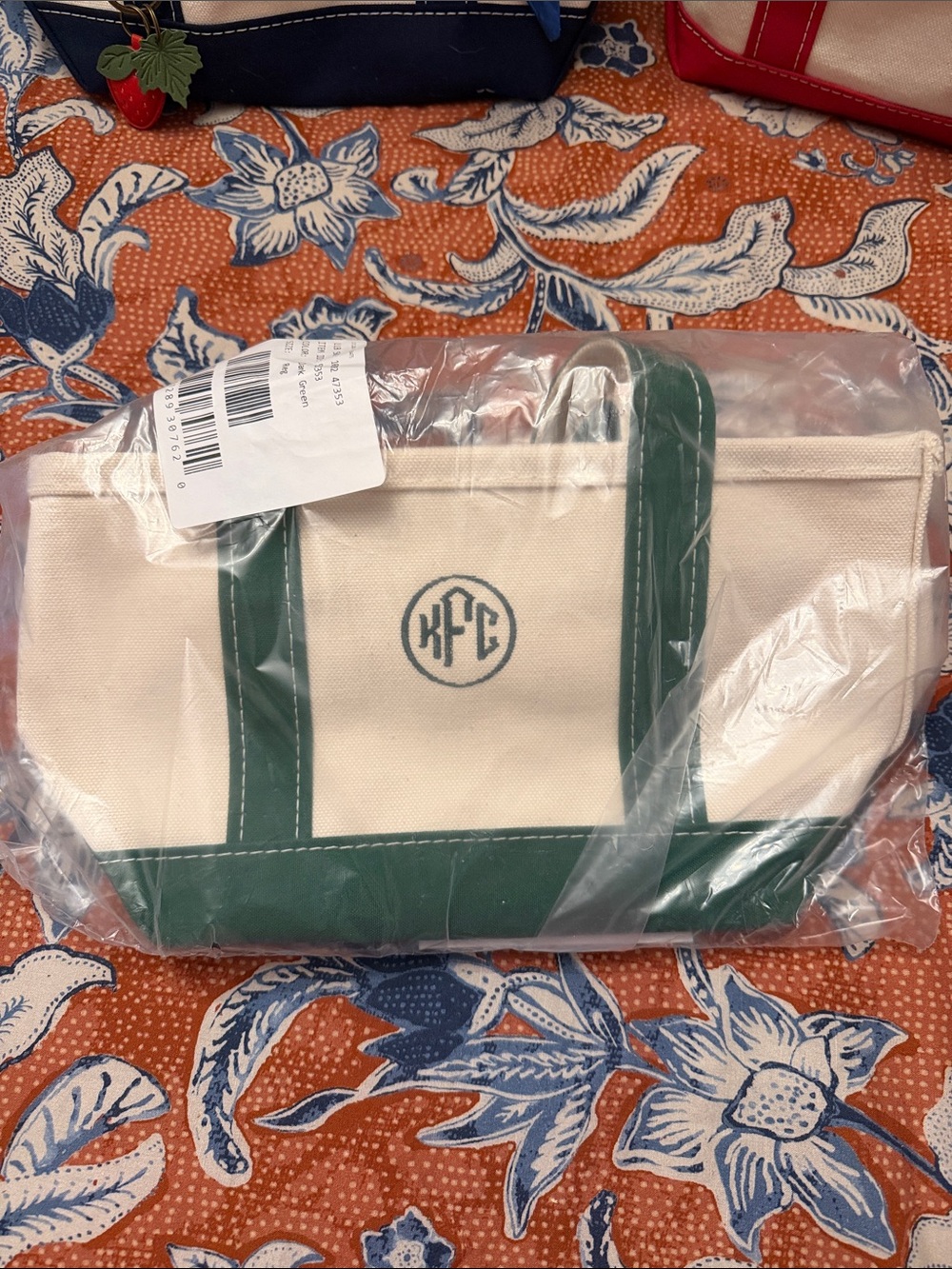 L.L. Bean Cream and Green Canvas Tote